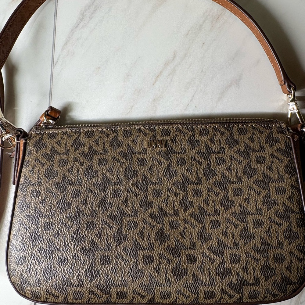 DKNY Brown Monogram Crossbody Bag with Tan Strap